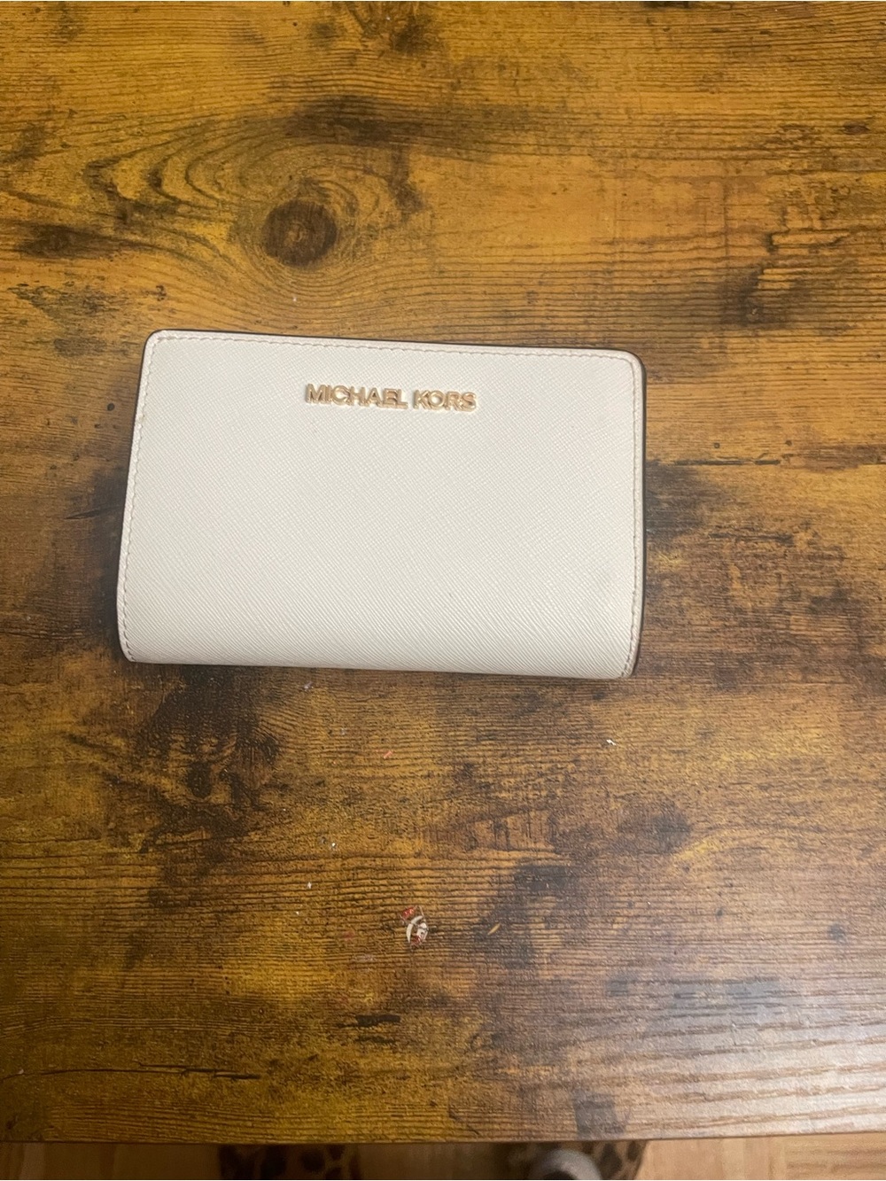 Michael Kors Cream Saffiano Leather Compact Wallet with Gold Logo